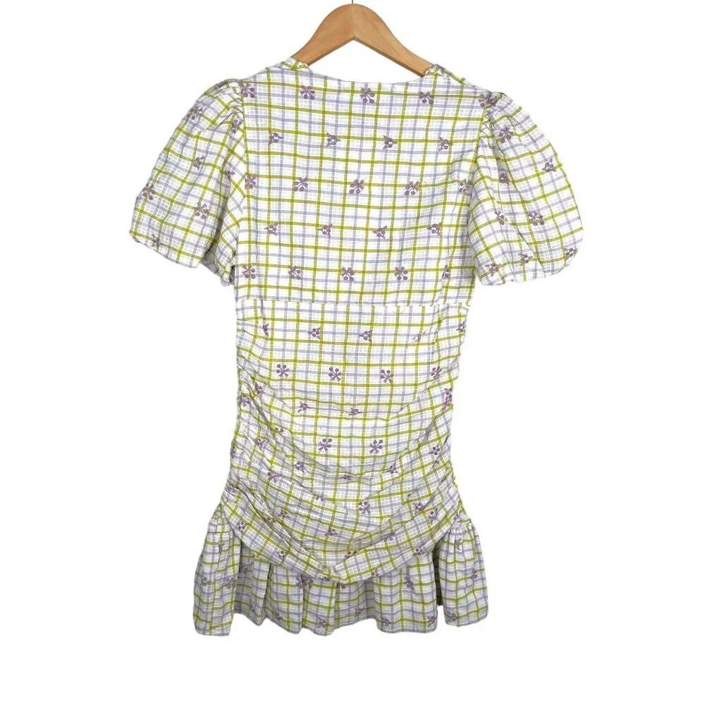 Zara Women’s Checkered Draped Mini Dress Balloon‎ Sleeve Floral sz M